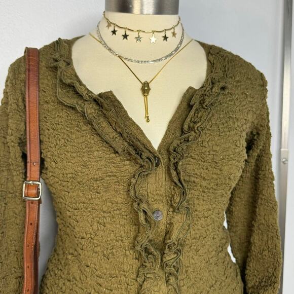 Y2K fairy grunge olive green crinkle ruffle button top by Nomadic Traders - Picture 2 of 6